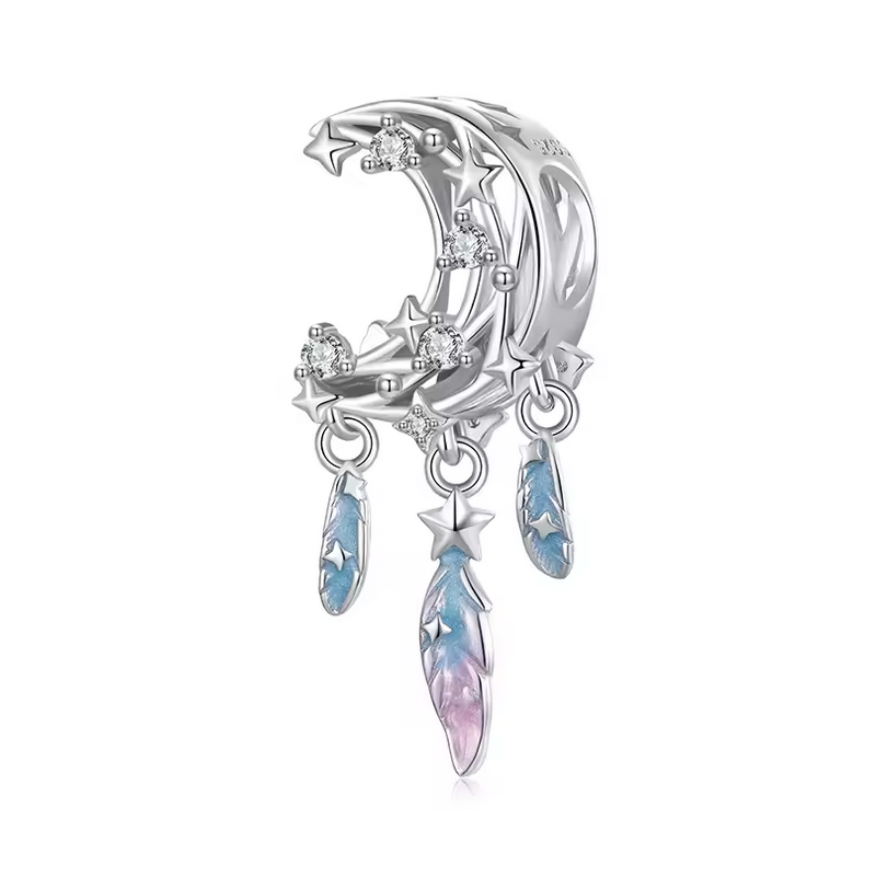 Charm pour bracelet lune étoile plume bleu pendente
