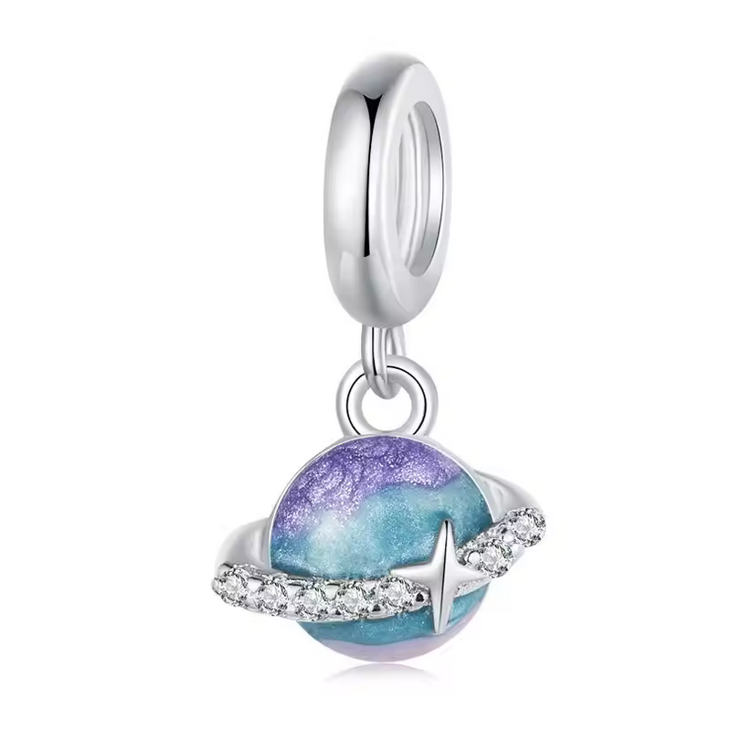 Charm pour bracelet planète anneau étoilé argent Charm pour bracelet planète anneau étoilé argent