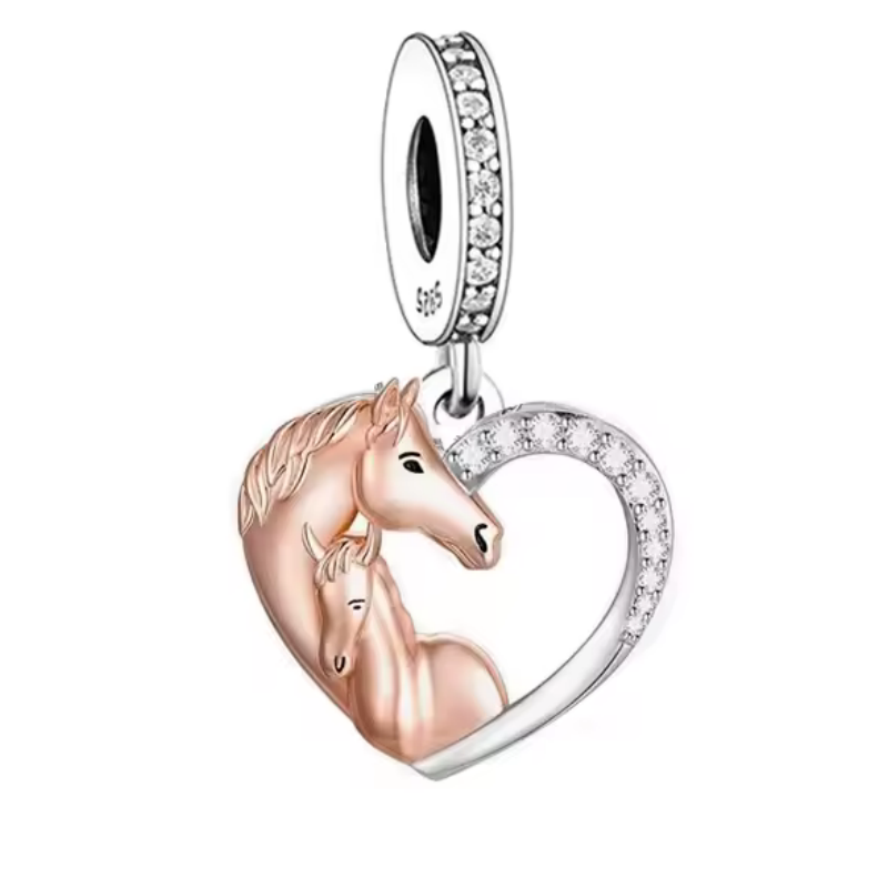 Charm pour bracelet deux chevaux or rose équitation