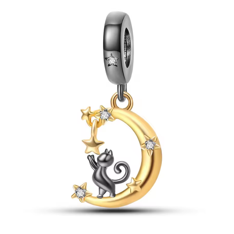 Charm pour bracelet chat noir attrape les étoiles lune or Charm pour bracelet chat noir attrape les étoiles lune or