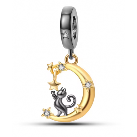 Charm pour bracelet chat noir attrape les étoiles lune or