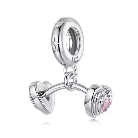 Charm pour bracelet argent haltères crossfit sport coeur rose