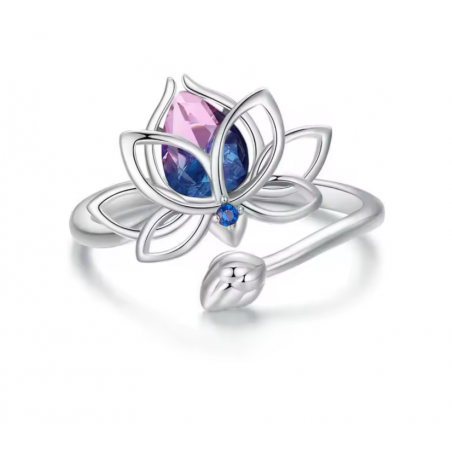 Bague fleur de lotus argent et pierre bleu réglable