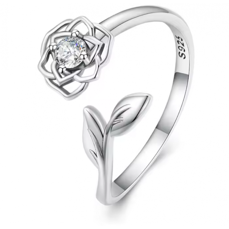Bague fleur rose diamant feuille réglable Bague fleur rose diamant feuille réglable