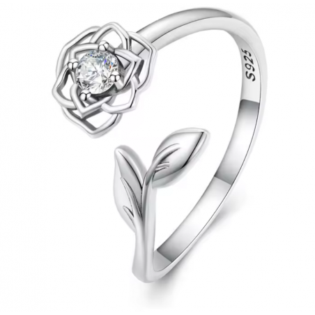 Bague fleur rose diamant feuille réglable