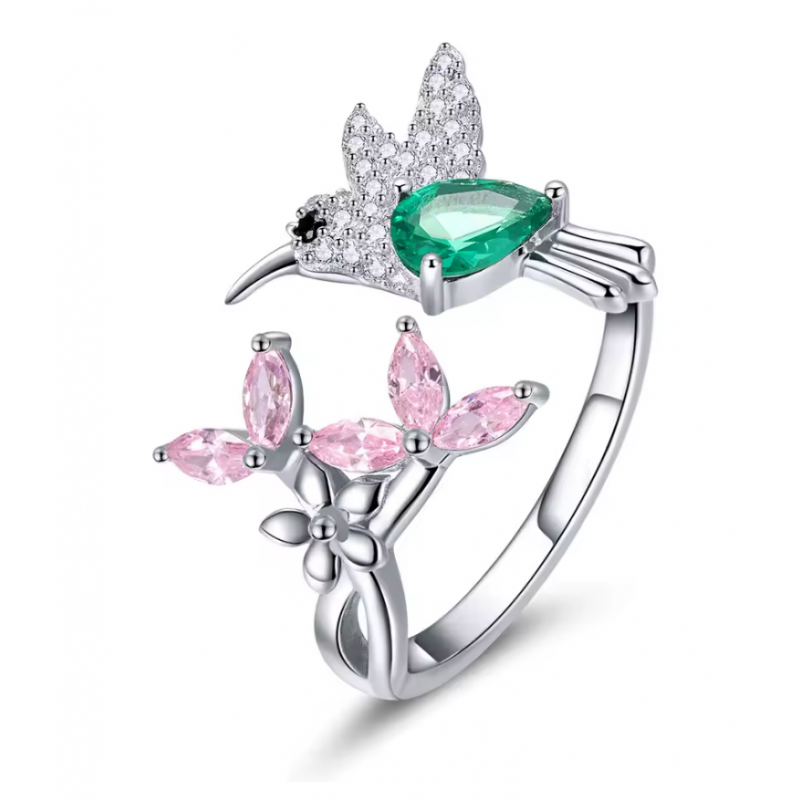 Bague réglable oiseau colibri et fleur rose pierre verte