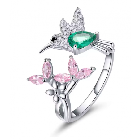 Bague réglable oiseau colibri et fleur rose pierre verte