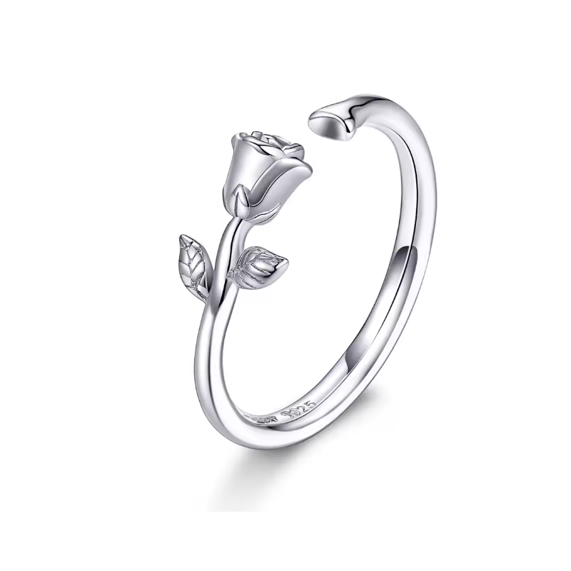 Bague fleur rose argent avec feuille réglable Bague fleur rose argent avec feuille réglable