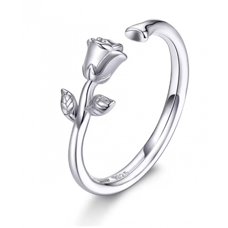 Bague fleur rose argent avec feuille réglable