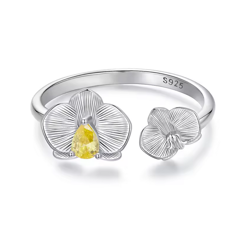 Bague fleur orchidée perle jaune ambre réglable Bague fleur orchidée perle jaune ambre réglable