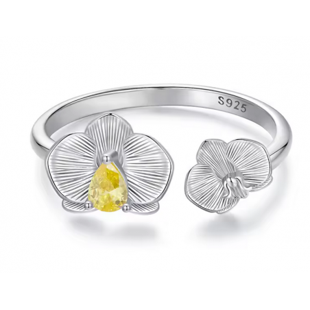 Bague fleur orchidée perle jaune ambre réglable
