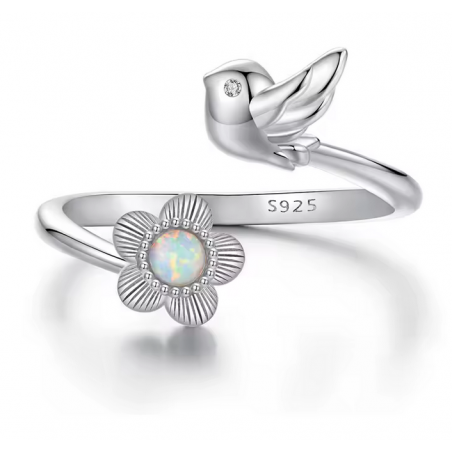 Bague oiseau et fleur réglable