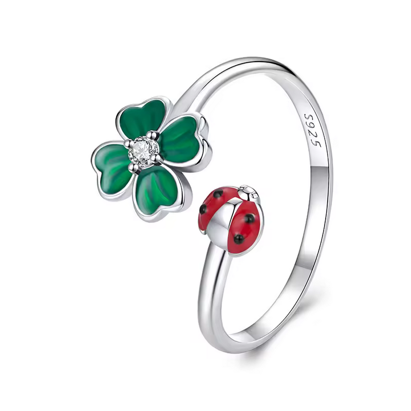 Bague coccinelle trèfle 4 feuilles chance réglable