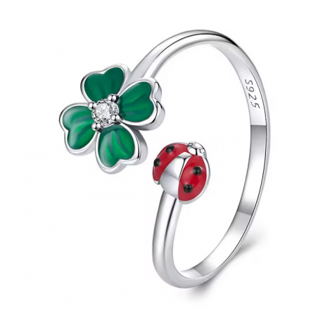 Bague coccinelle trèfle 4 feuilles chance réglable