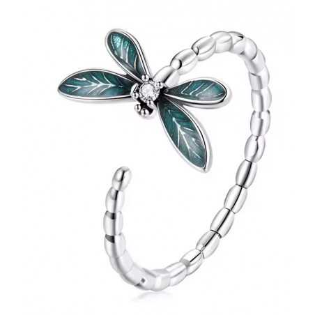 Bague libellule aile verte réglable