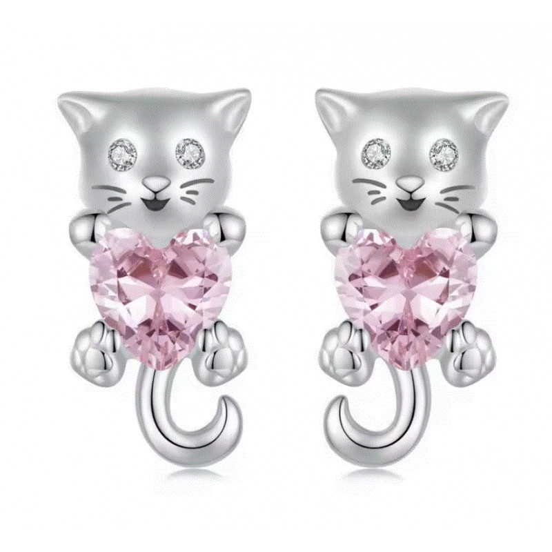 boucles d'oreilles coeur rose chat mignon