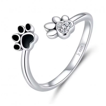 Bague réglable patte de chat noir et pierre