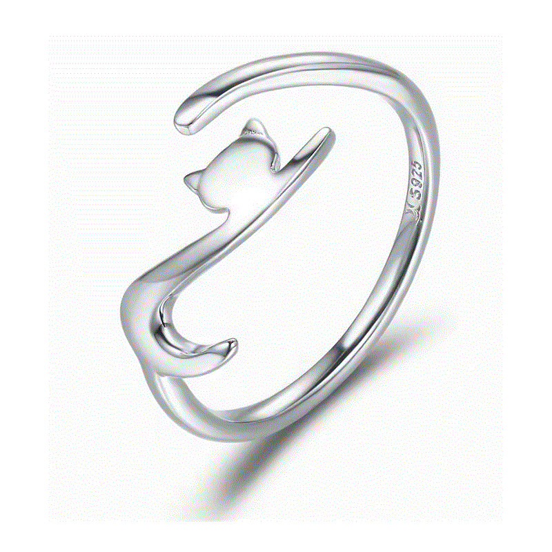 Bague réglable chat allongé argent