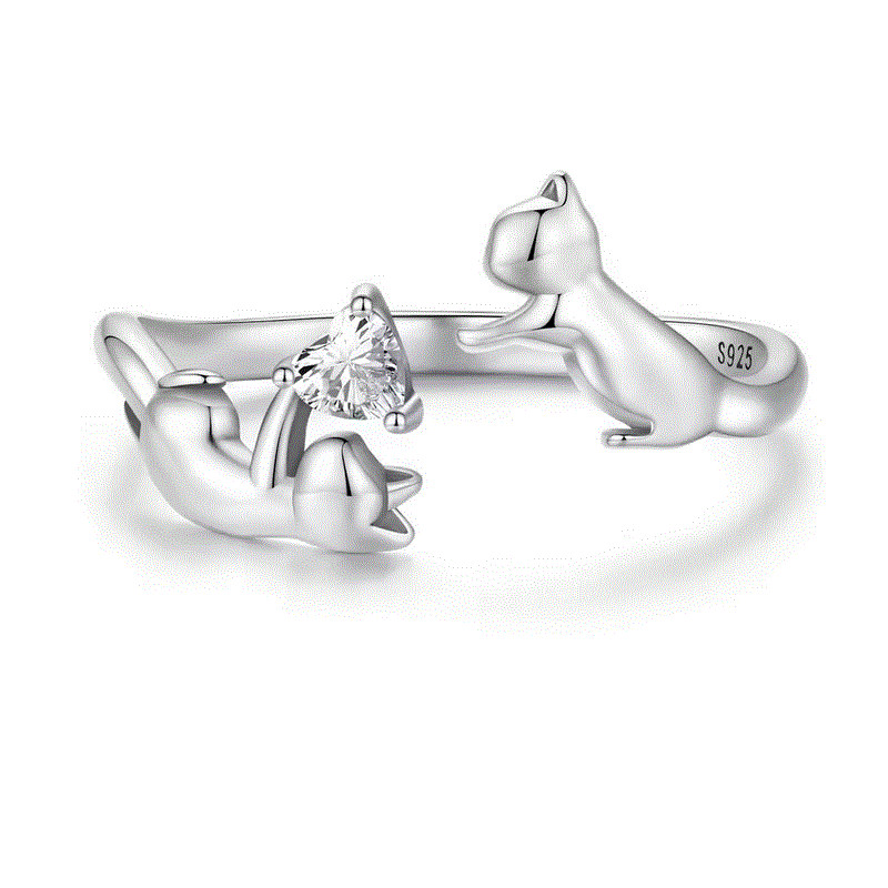 Bague réglable deux chats jouent avec coeur