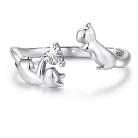 Bague réglable deux chats jouent avec coeur