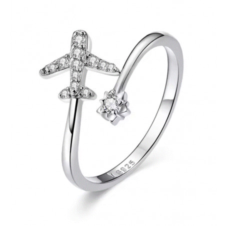 Bague réglable design avion strass fleur