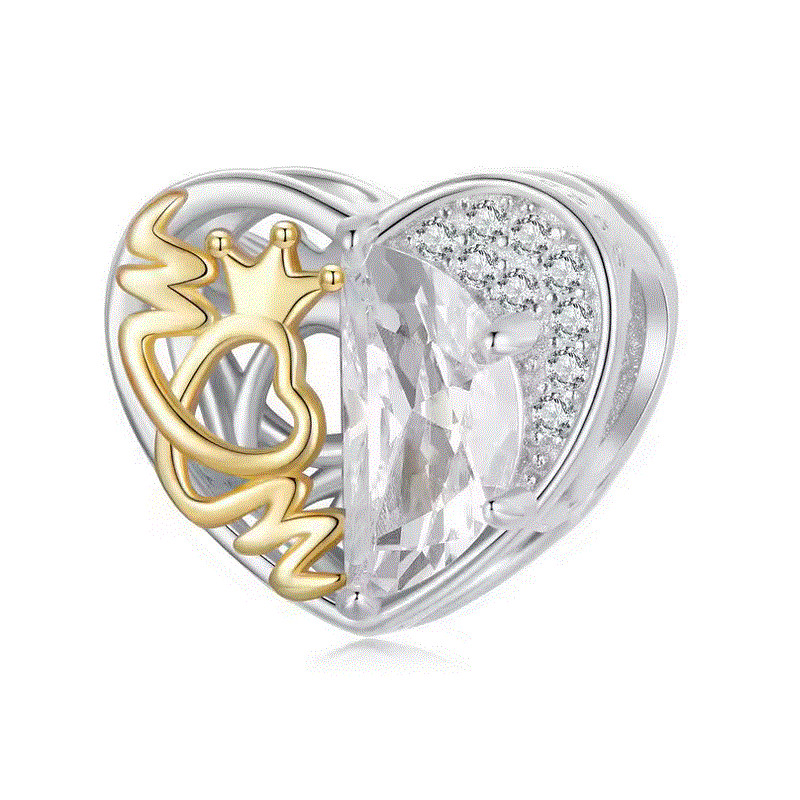 Charm pour bracelet cadeau maman coeur or et argent strass