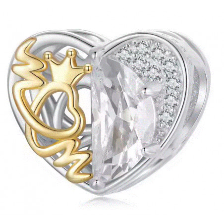 Charm pour bracelet cadeau maman coeur or et argent strass