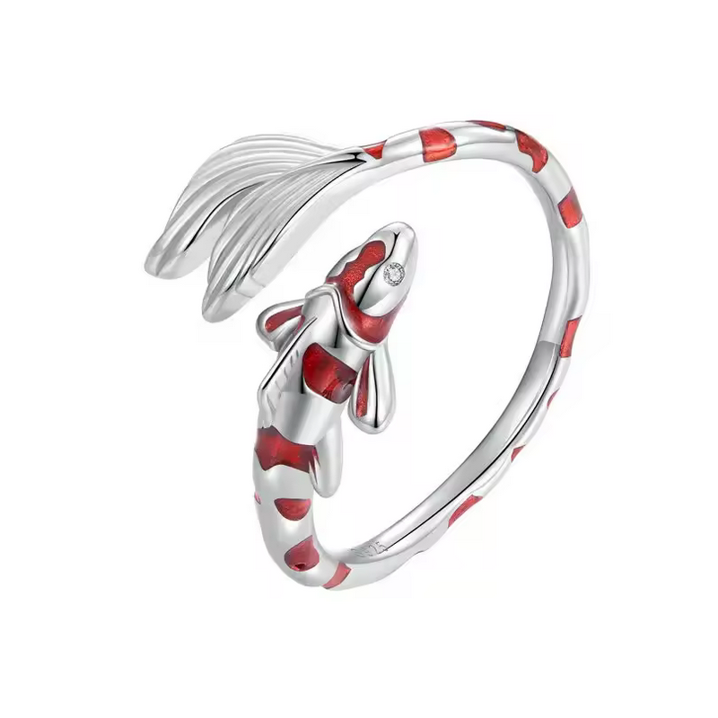 Bague réglable poisson carpe koi rouge argent