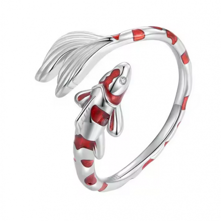 Bague réglable poisson carpe koi rouge argent