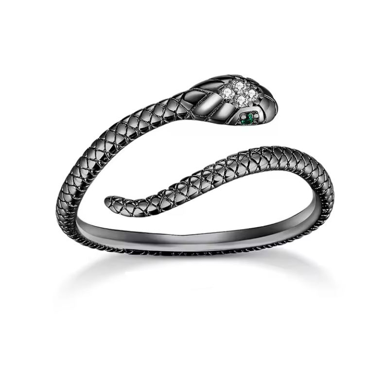 Bague réglable serpent noir pierre blanche
